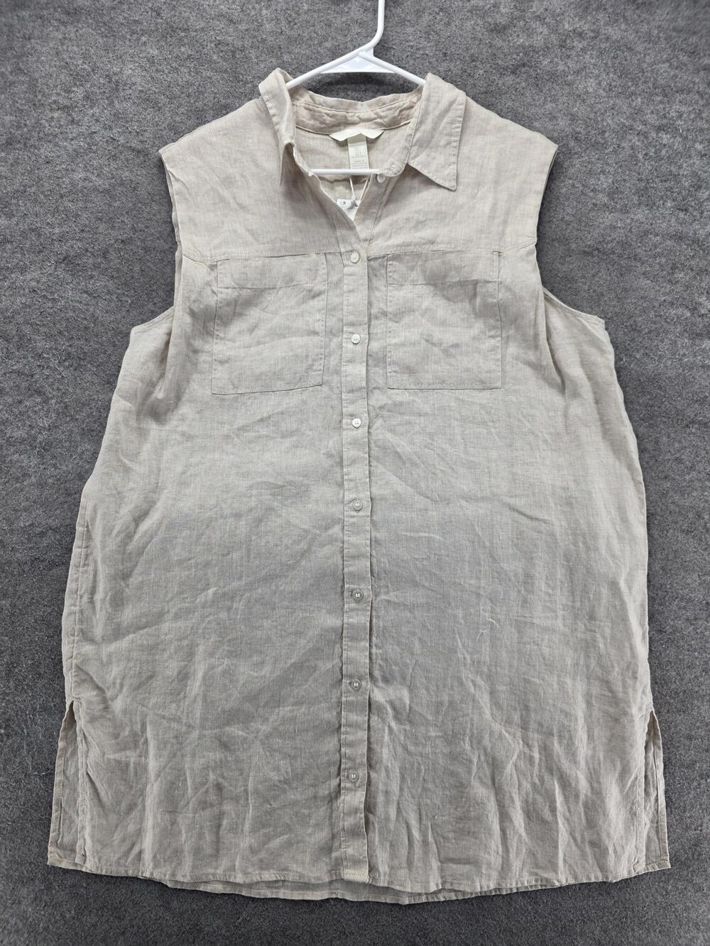 H&M Dress Womens L Beige Knee Length Shirt Dress Collared Sleeveless Linen